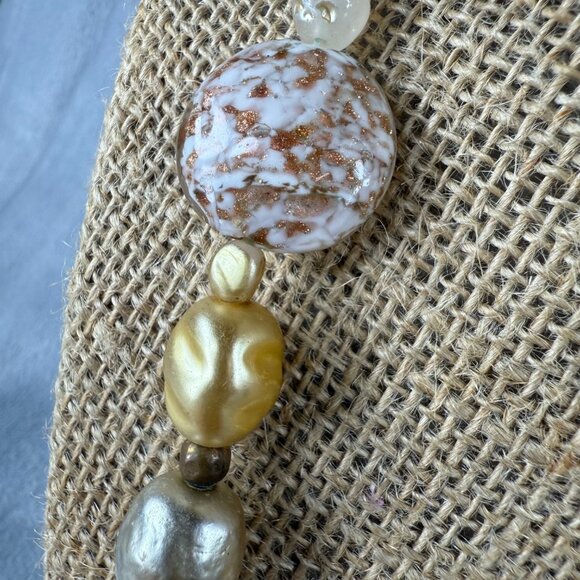 Gold Copper Speckled Long Beaded Necklace White Marble Effect Statement Beads - Picture 7 of 16